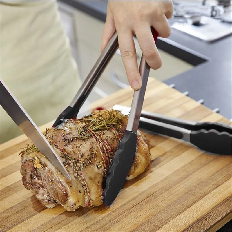 

Hot New 1 Piece BBQ Tongs Plastic Cover Handle Kitchen Tongs Lock Design Barbecue Clip Clamp Stainless steel Food Tongs
