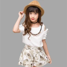 Летняя одежда для девочек, топ с открытыми плечами и бантом+ шорты с изображением листьев, повседневные костюмы для девочек-подростков, одежда для девочек 6-12 лет