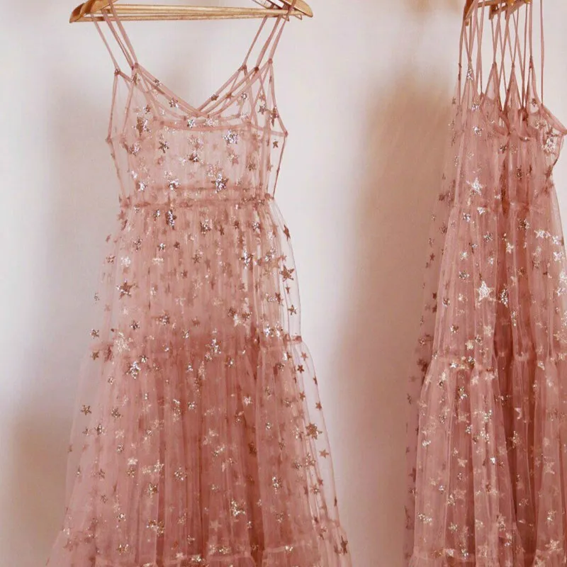 Новое поступление тонкие лямки Тюль Длинные женские платья модное шикарное Прозрачное платье сексуальное модное Горячее предложение - Цвет: Розовый