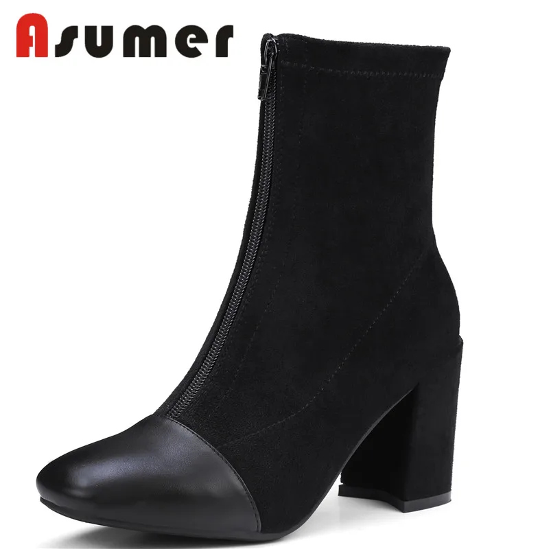 

ASUMER new arrive mid calf boots square toe sexy genuine leather boots zipper square heels ankle boots dress shoes women boots