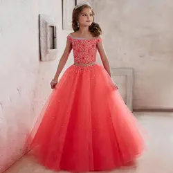 Детское Пышное Бальное Платье для девочек, празднование интервью, костюмы Длинное платье для девочек, Коралловое платье с цветочным узором