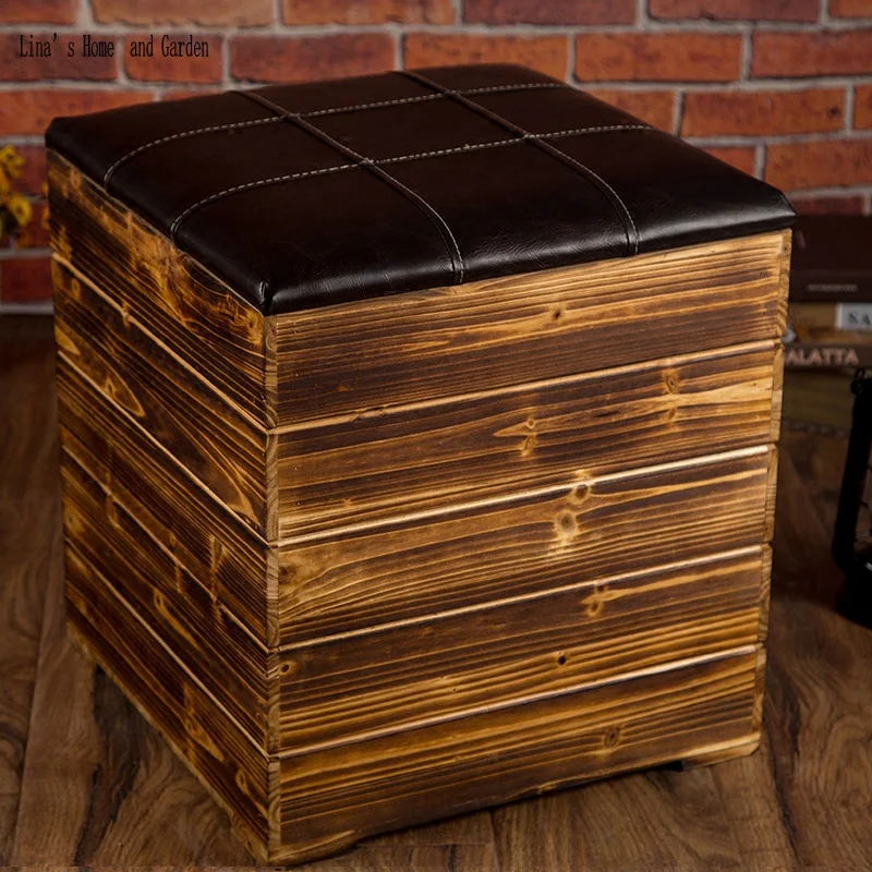 hand made antique cushion wooden vintage storage stool (2)