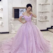 Пышные платья с открытыми плечами кружевное вечернее платье с аппликацией на шнуровке сзади с коротким шлейфом принцессы на день рождения