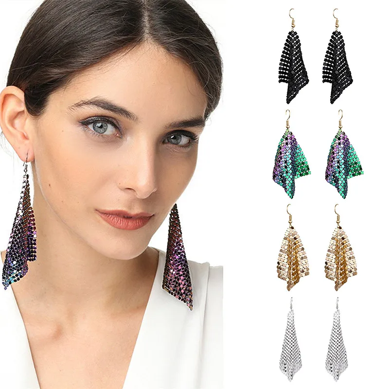 

USTAR Square Paillette Statement Drop Earrings for Women fringed Dangle Earrings female 2018 Fashion Jewelry hanging Oorbellen