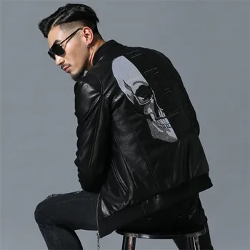 

2020 Skull Rhinestones PU Jackets Men High Street Style Stand-Neck Sudaderas Hombre Rib Sleeve Streetwear Mens Jackets and Coats