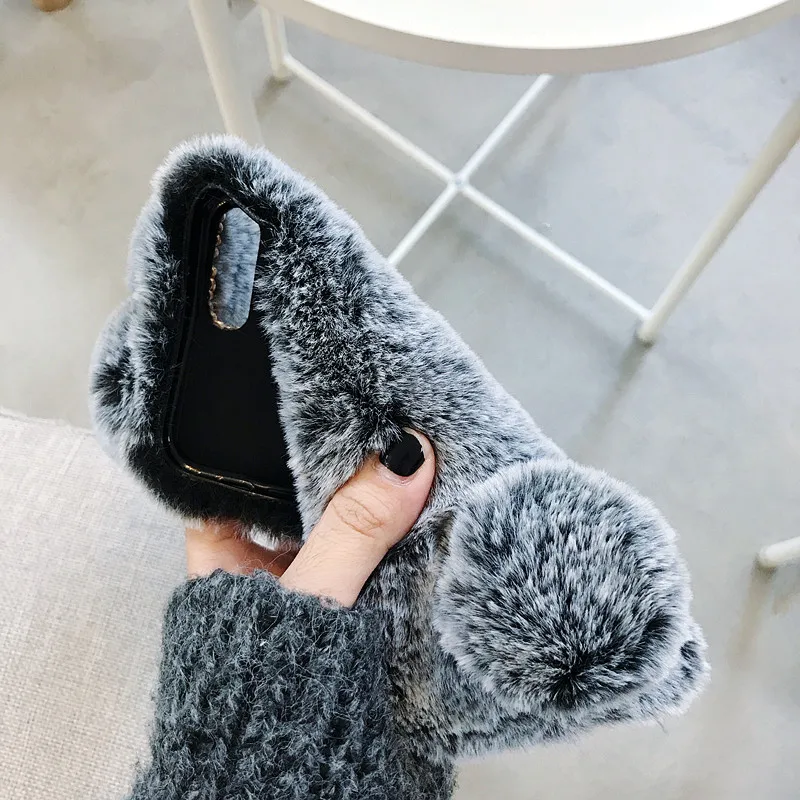 

for iphone x xs xr cover Soft Fluffy Furry Rabbit Fur Glitter Crystal Phone case for iphone 6 7 8 plus