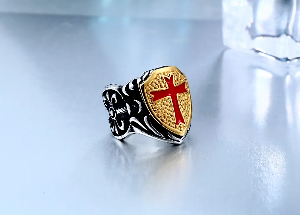 Stainless Knights Templar Cross Armor Shield Ring | Mens Premium Jewelry