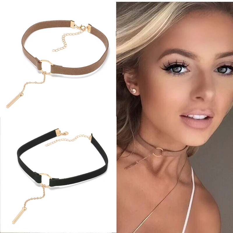 

90'S Punk New Fashion 4 Colors Leather Choker Necklace Gold Color Geometry With Round Pendant Collar Necklace For Women Girls