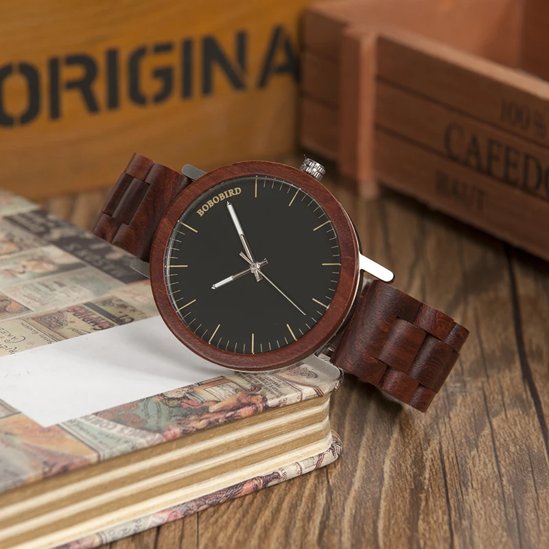 BOBO BIRD Red Wooden Band Watches Men Natural Handmade Japan Movement Quartz Wood Wristwatches relogio masculino C-M16