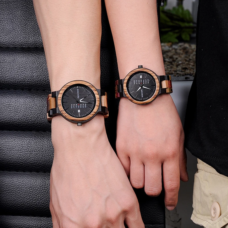 BOBO BIRD P14 Antique Mens Wood Watches Date and Week Display Business Watch with Unique Mixed Color Wooden Band