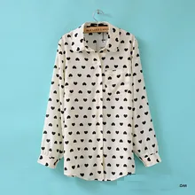 Bluasas Femininas 2015 Women Love Heart Print Blouse Turn Down Collar Slim Fit OL Sheer Shirt Long Sleeve Casual Shirt Plus Size