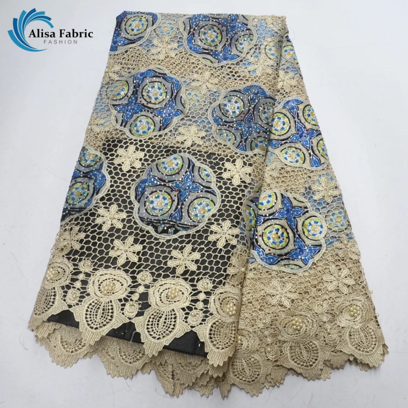 

Elegant design Nigeria guipure lace with Beads and Stones Dutch wax Fabric Water soluble lace African lace fabric for Garment