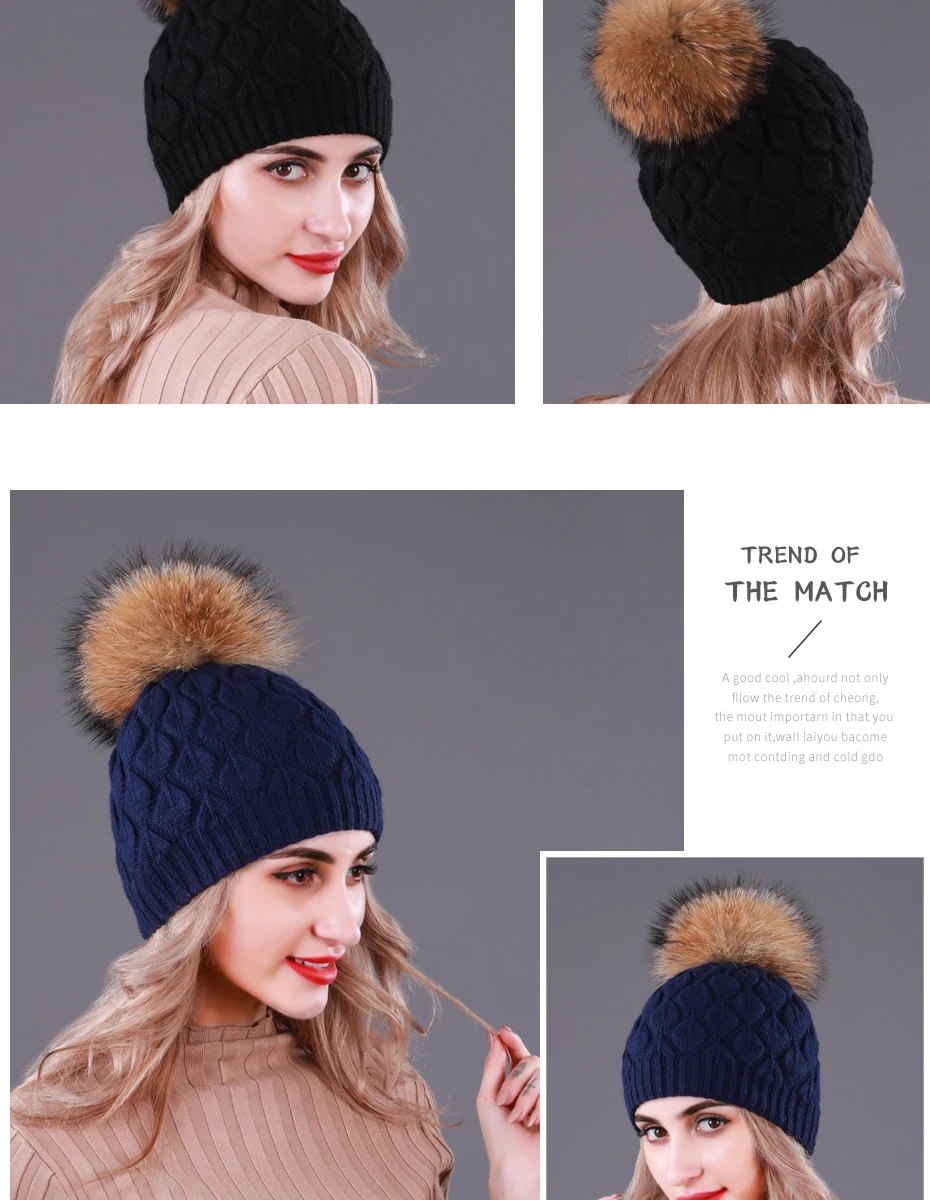 CNTANG Double layer Thick Wool Knitted Hats For Women Natural Raccoon Fur With Pompom Caps Winter Warm Ladies Fashion Beanies