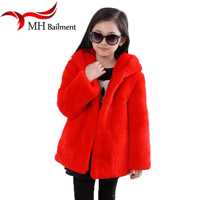 Children Whole Rex Rabbit Fur Coat Autumn Winter Warm Baby Kids Long Section Outerwear Coat Girls Solid Full hooded Clothing C#2