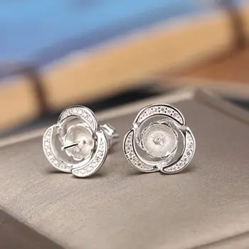 

925 Sterling Silver Women Stud Earrings Crystal 8mm Round Bead or Pearl Semi Mount Earrings DIY Stone Wholesale