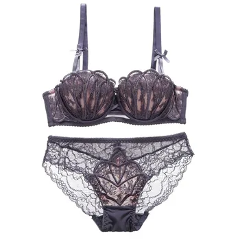 

Women Sexy Lingerie Lace Shell Solid Color 3/4 Cup Push Up Steel Ring Padded Gathered Bra + Women Underwear Set