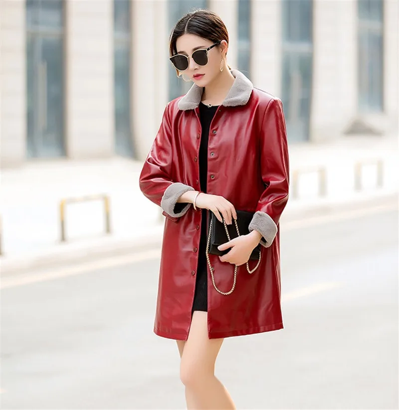 Кожаная куртка для женщин Осень Зима утолщаются стекаются PU кожаное пальто женское плюс размер ветрозащитная теплая ветровка пальто H746 - Цвет: red