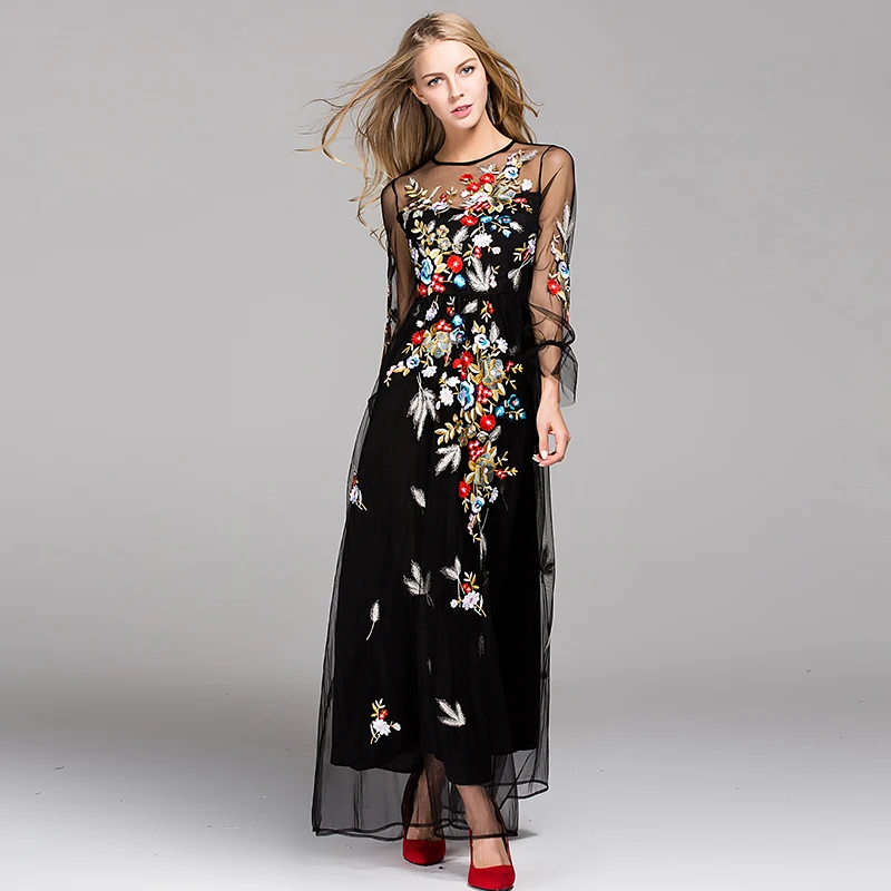 Black Mesh Dresses 2017 Summer Full Sleeve Retro Hollow Flowers