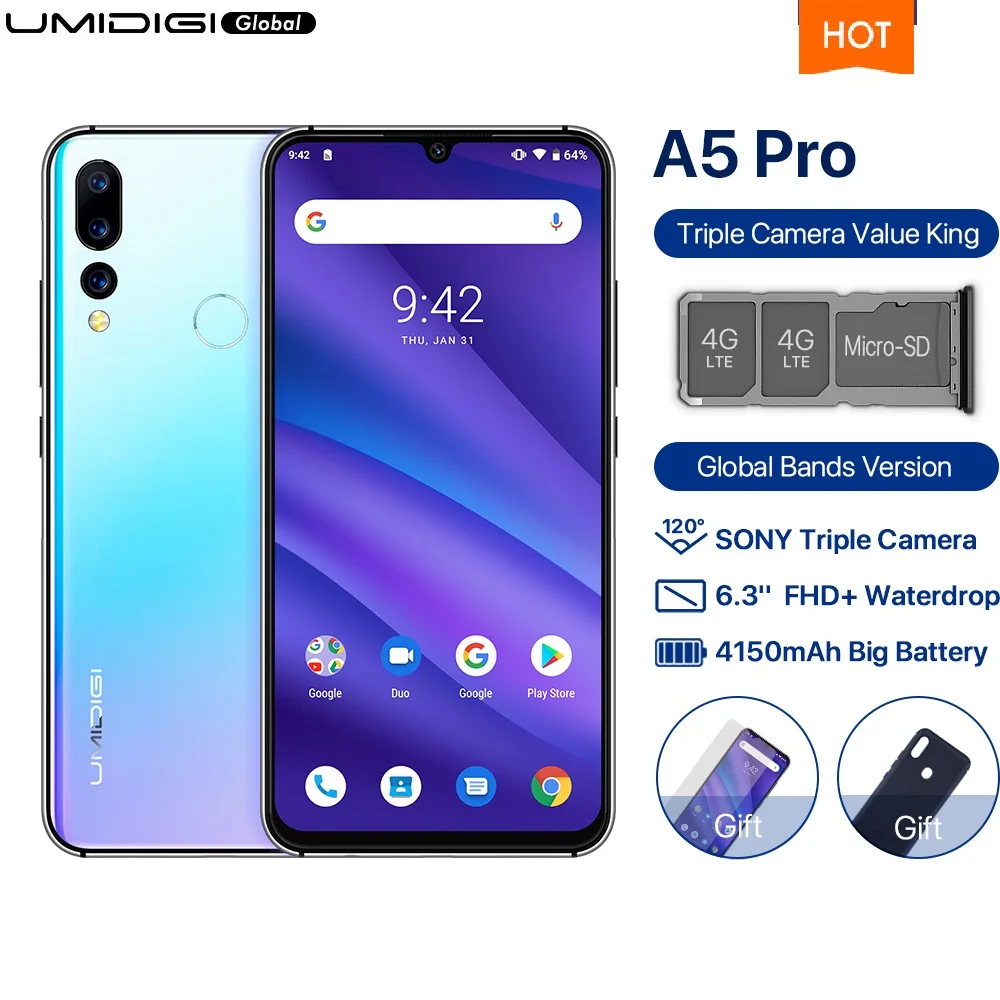 

UMIDIGI A5 PRO Android 9.0 Global Bands 16MP Triple Camera Octa Core 6.3' FHD+ Waterdrop Screen 4150mAh 4GB+32GB Mobile Phone