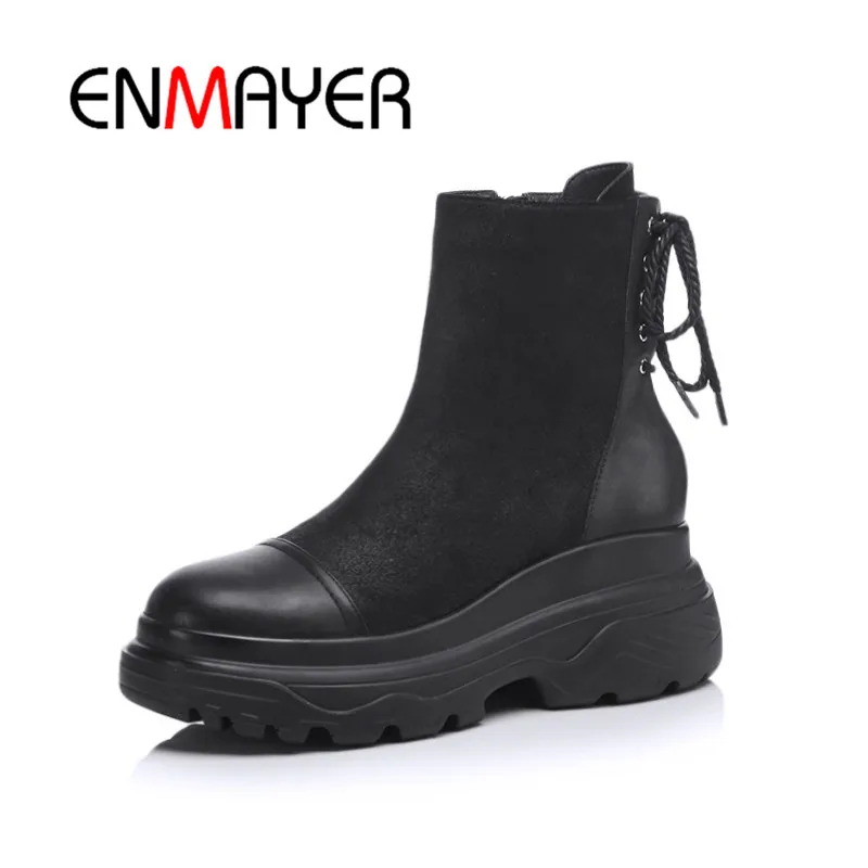 

ENMAYER Women Ankle Boots Size 34-39 Round toe Square heels lady Med heel boots Causal Zipper suede Wedges Shoes woman CR929