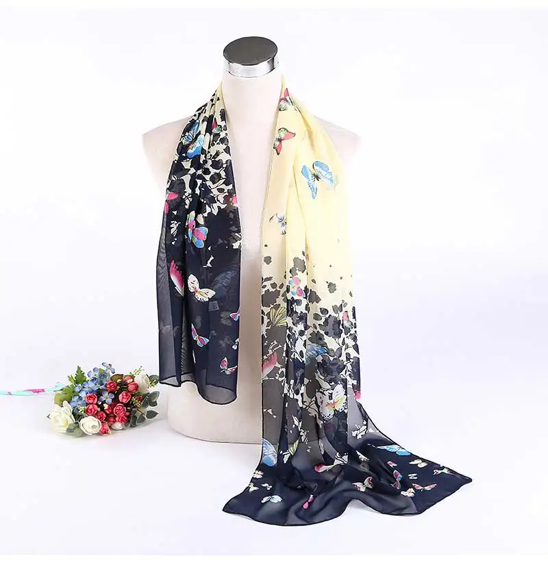Длинные шифоновые шелковые шарфы, модный дизайн, шарфы-бабочки, дизайнерские женские летние солнцезащитные шарфы, шаль P5A16284