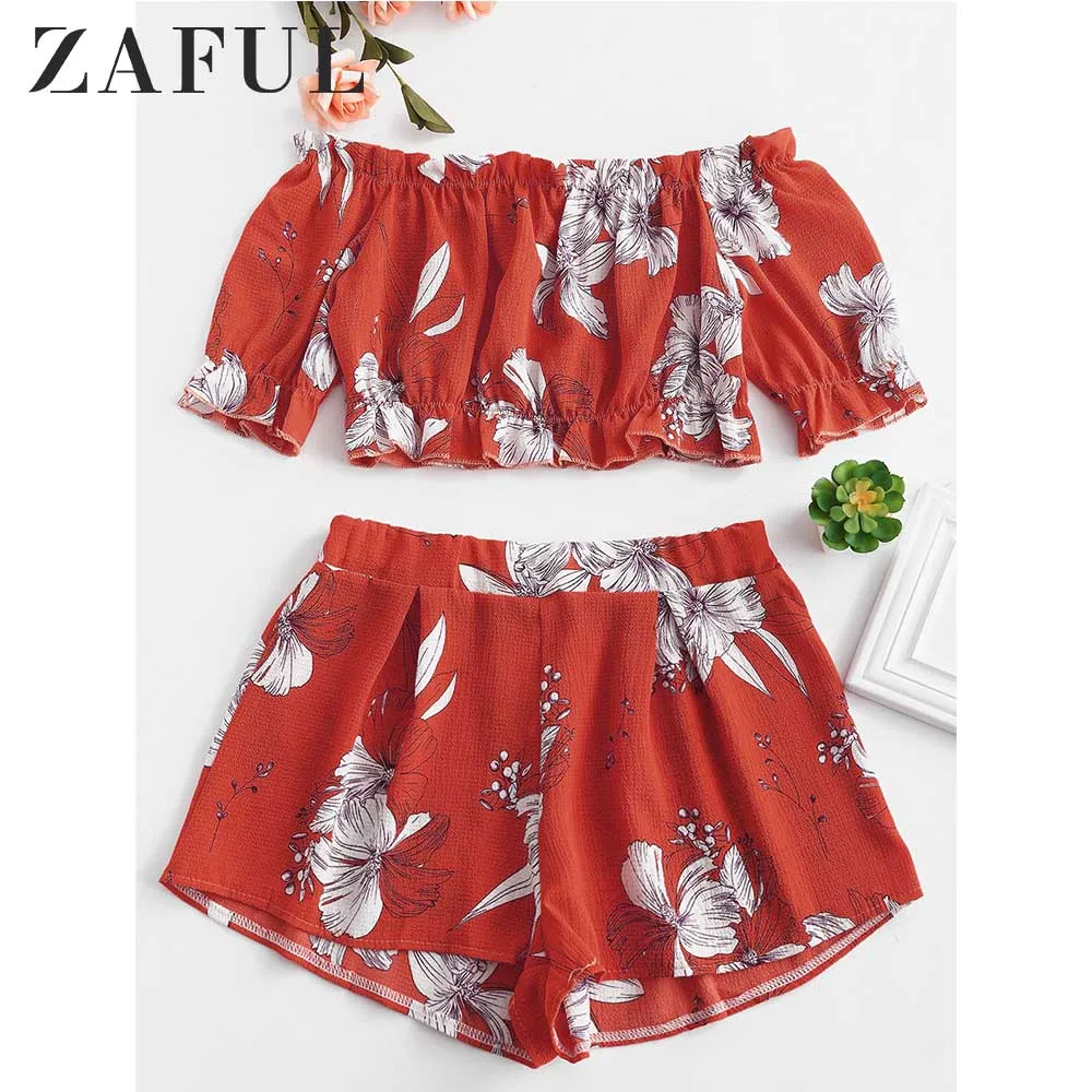 

ZAFUL Women Set Summer Floral Off Shoulder Short Sleeve Top High Waist Shorts 2 Piece Set Casual Boho Suit Ladies Clothes 2019