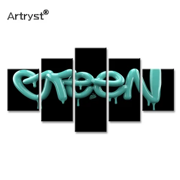 

Artryst 5 Pieces Canvas Artwork Painting With Frame Abstract Green Letters Picture Wall Art Black Painted Living Room Wall Decor