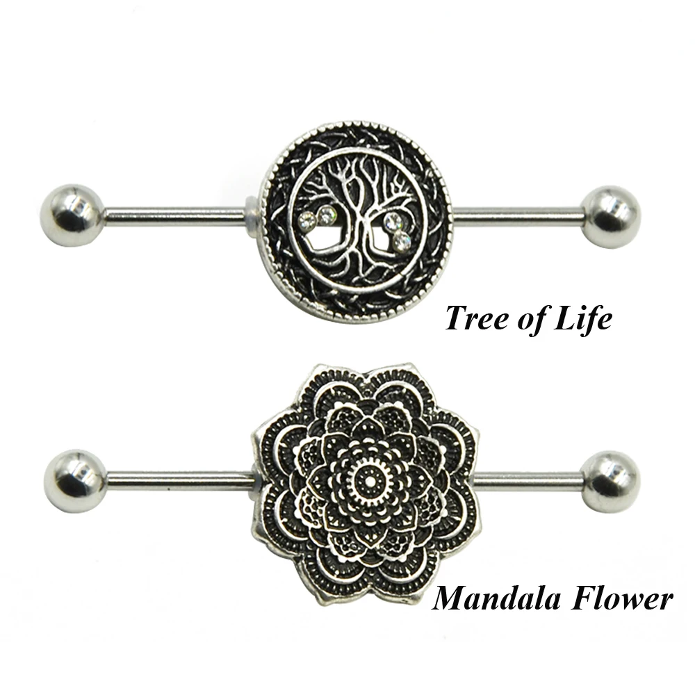 

1Pc Stainless Steel Engrave Tree Of Life Mandala Flower Earring Barbell Industrial Ear Cartilage Tragus Helix Piercing Jewelry