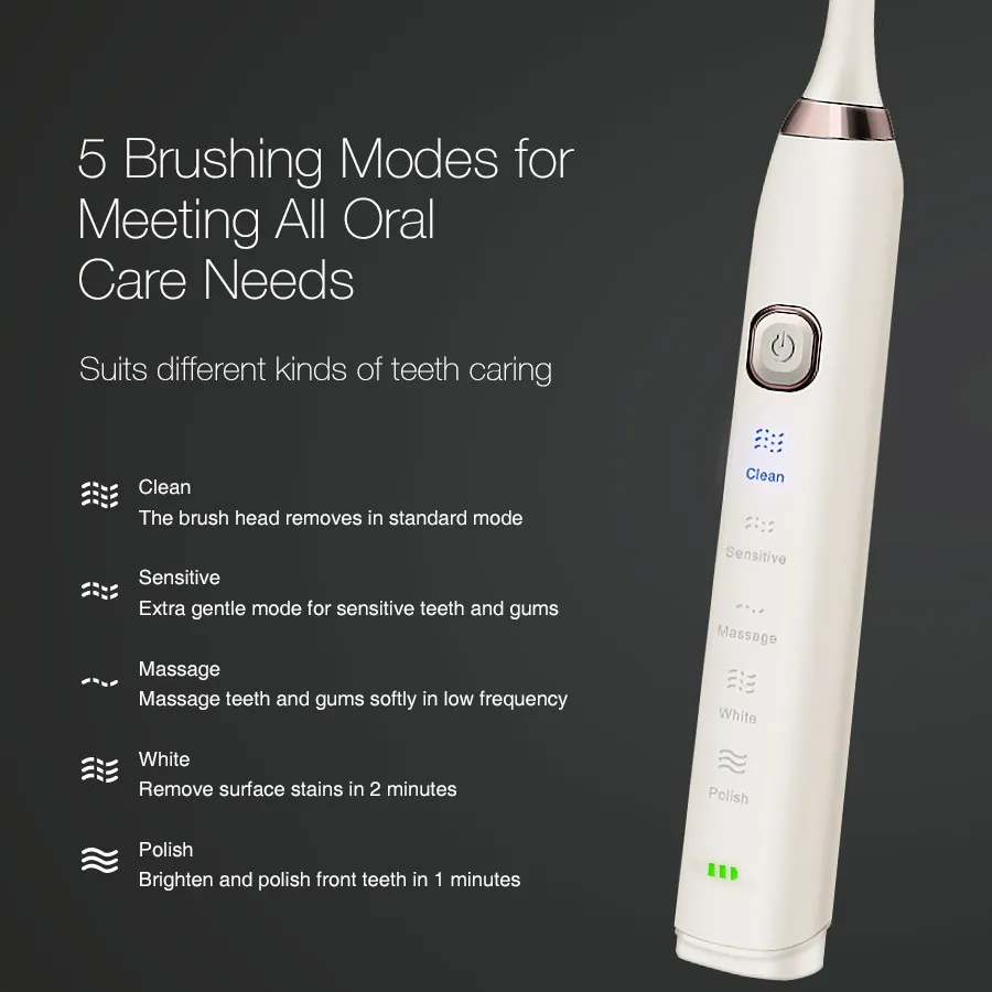 Electric Toothbrush S100 Ultrasonic Sonic tooth brush Wireless rechargeable battery IPX7 Waterproof included extra brushes head