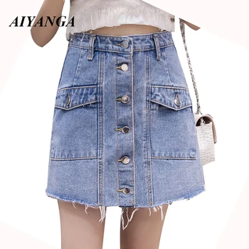 

Denim Skirt High Waist A-line Mini Skirts Women 2019 Summer New Single Button Pockets Blue Jean Skirt Casual Style Saia Jeans