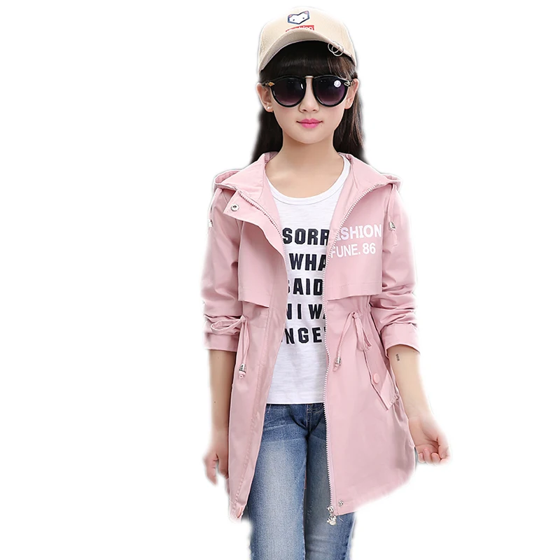 

2018 spring long girls jacket children's clothing girl trench coat letter printed Teenager Cardigan hooded girl coat and jackets