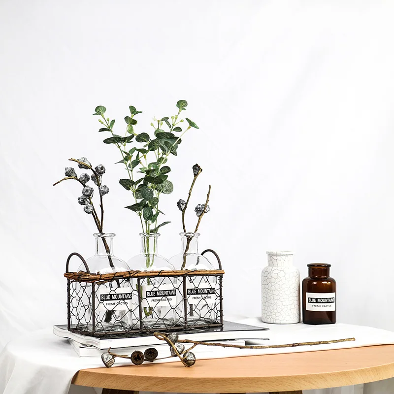 

1Set/4pcs Nordic style Geometric Design Glass Art Vases with Iron Woven Basket Tabletop Flowerpot Plant Home Wedding Decor