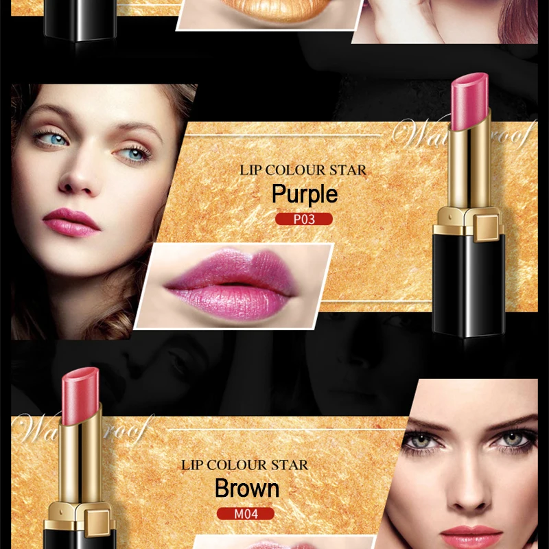 BIOAQUA Gold Lipstick Brilliant Lip Gloss Refreshing Long Lasting Lipstick Women Sexy Luxury Glitter Makeup Lips Tool 38