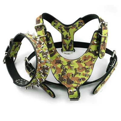 Шипованный ошейник для собак и комплект поводков 7 цветов Кожаные Ошейники и ремни для средних больших собак питбуль мастиф - Цвет: camouflage