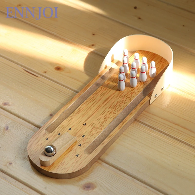 

Mini Entertainment Desktop Bowling Game Set Wooden Bowling Ten Metal Pin Balls Wooden Bowling Ball Games Parent-Child Toys
