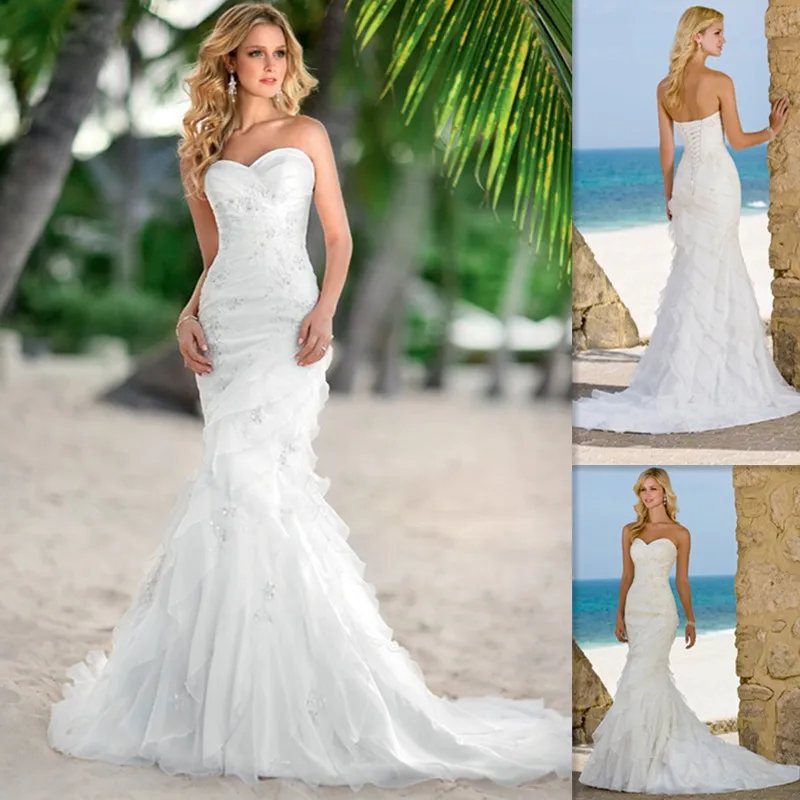 Celebrity Beach Wedding Dresses Sweetheart White Organza Tiered