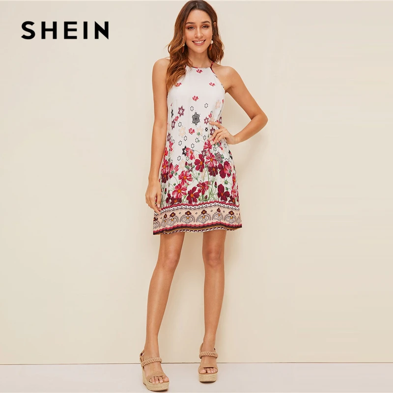 SHEIN женское пляжное прямое платье с цветочным принтом на бретельках Boho летнее праздничное короткое платье без рукавов на пуговицах сзади