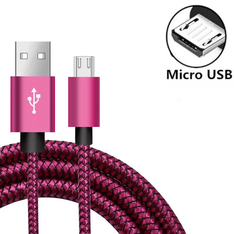 Micro USB 2A кабель для быстрой зарядки с нейлоновой оплеткой кабель для зарядки для samsung S7 J7 J5 J1 Redmi note 5 провод для быстрой зарядки - Цвет: Розовый