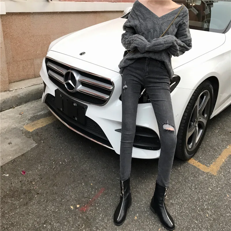 Высокая талия женские узкие джинсы, черный высокая ed уличная корейская мода, Высокая Кнопка проблемных отверстие женские джинсы