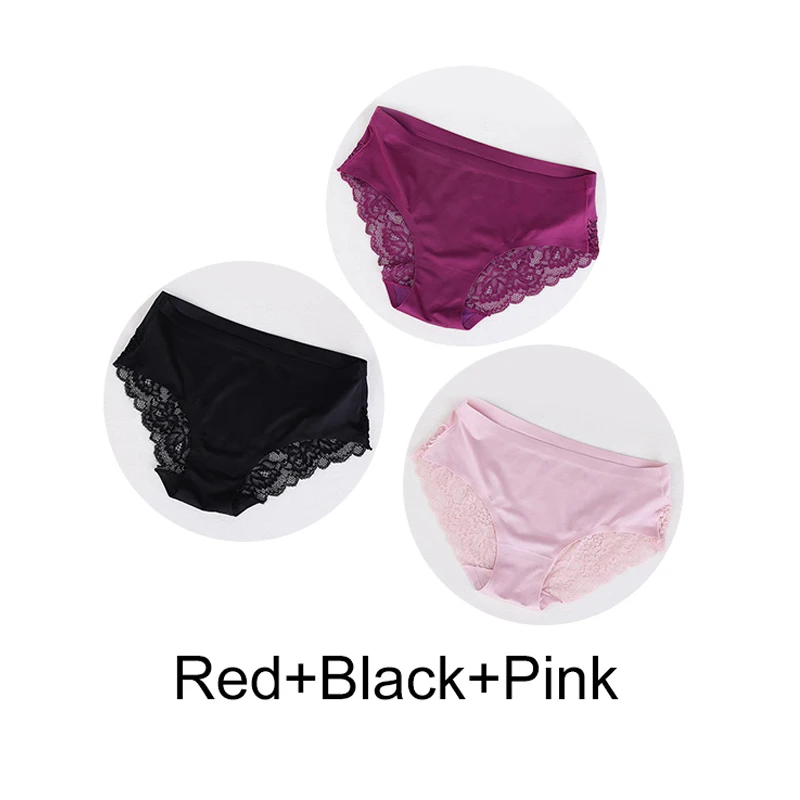 3 Pcs Sexy Underwear Women's Lace Panties Seamless Low Waist Briefs Nylon Silk Breathable Female Cotton Comfortable Lingerie - Color: D