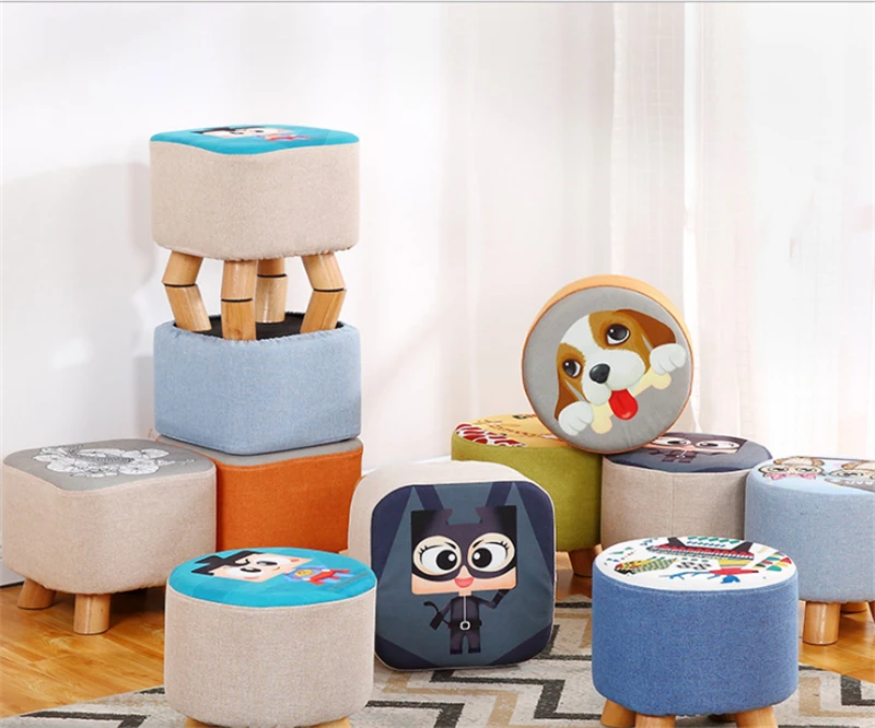 

Modern 4 Leg Fabric Stool Round stool Wooden Chair Square stool Upholstered Footstool sofa chair Art Small bench furniture