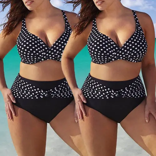 Plus size Ladies Womens Bikini Set Polka Dot Cross 2Pcs Swimsuit High Waisted Triangle Swimwear Large Size Bathing Suit XL-5XL plus size criss cross swimsuit