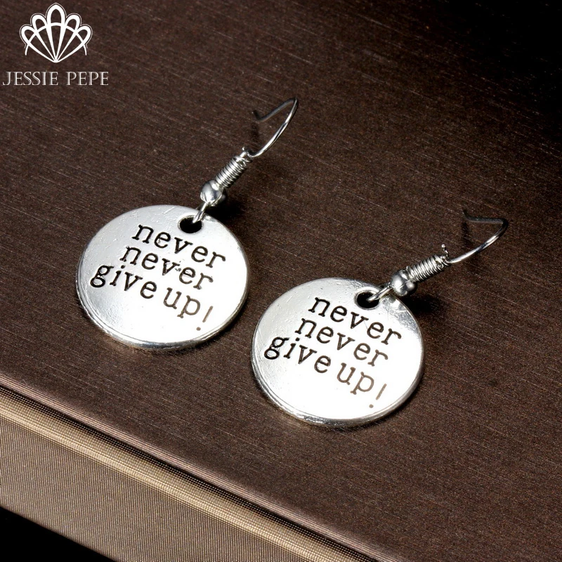 

2019 New Arrival Vintage "Never Never Give Up" Letter Drop Earrings Brincos Fashion Earrings Positive Energy Jewelry #GY6344