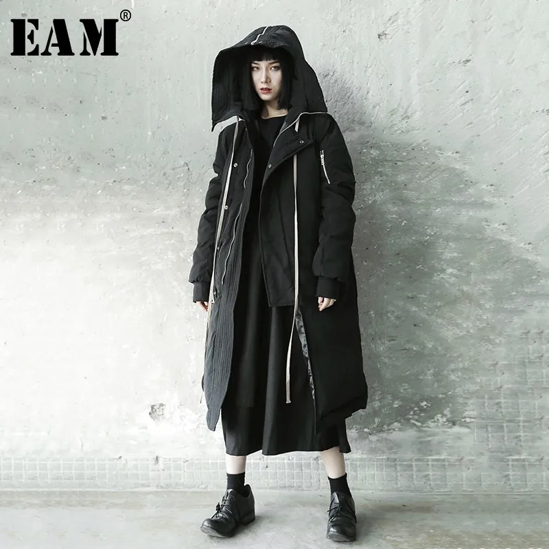 [EAM] Новинка, весенне-зимнее черное пальто с капюшоном и длинным рукавом, необычное свободное большое длинное пальто с хлопковой подкладкой, женские модные парки JL289