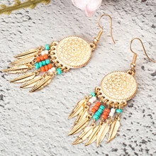 Ethnic Circle Round Hanging Drop Earrings Women Boho Bohemian Gold Color Leaf Leaves Acrylic Beeds Hiphop Brincos Boho Jewelry vivilady fashion 5pairs circle round hoop earrings women gold color heart queen rose crystal hiphop brincos boho jewelry gifts