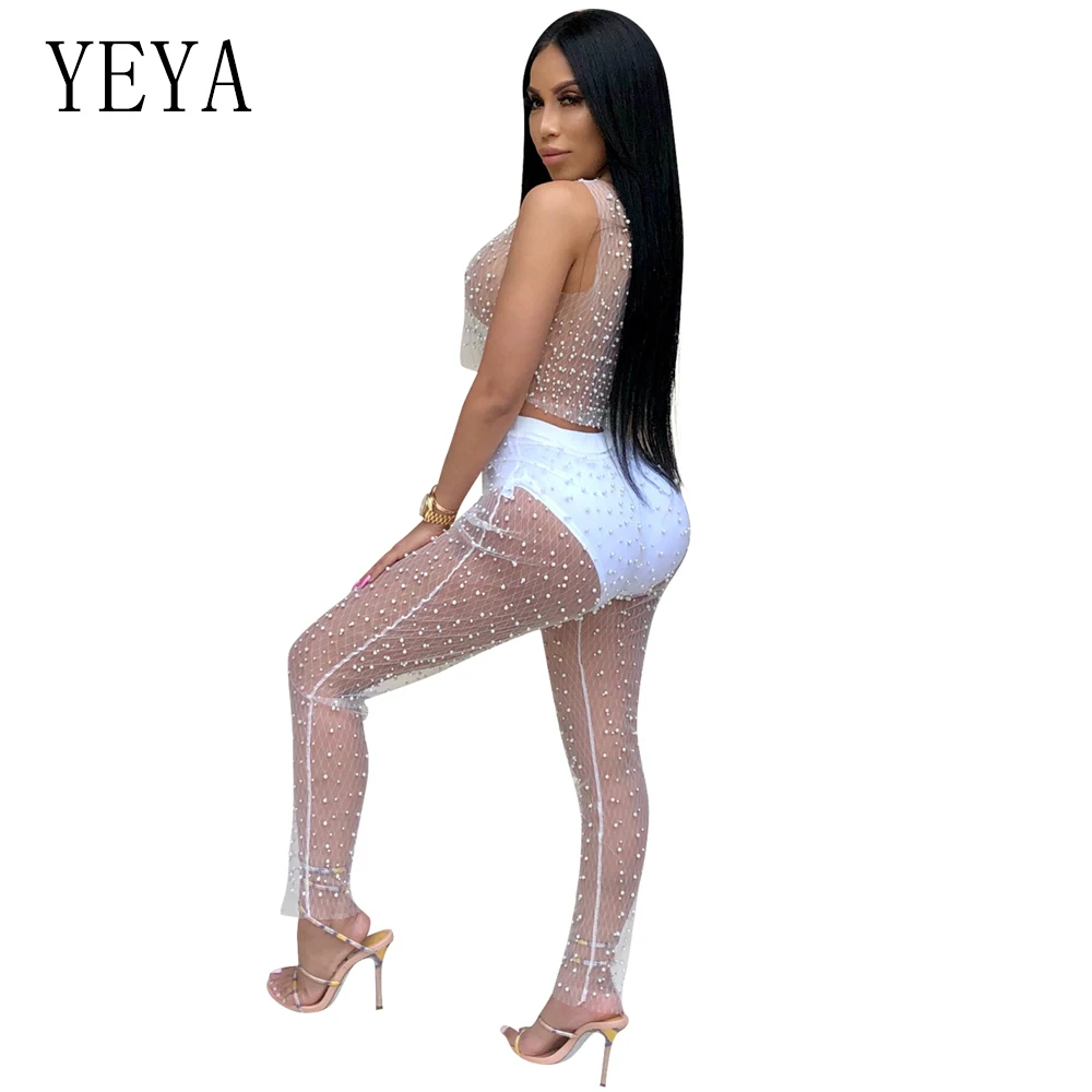 YEYA Sexy Black Mesh Beading Rompers Womens Jumpsuit O-Neck Sleeveless See Through Night Club Party Jumpsuits Two Piece Overalls