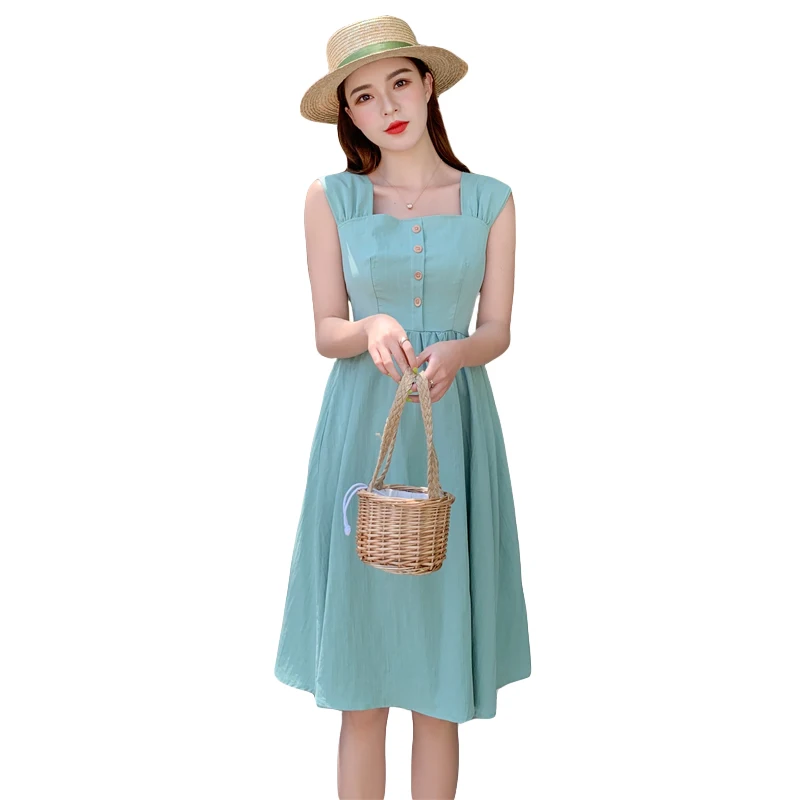 

Dress Women Slim A-line Sleeveless Dresses 2019 Summer Girls Solid Korean Casual Beach Party Dress Vintage Elegant Vestidos
