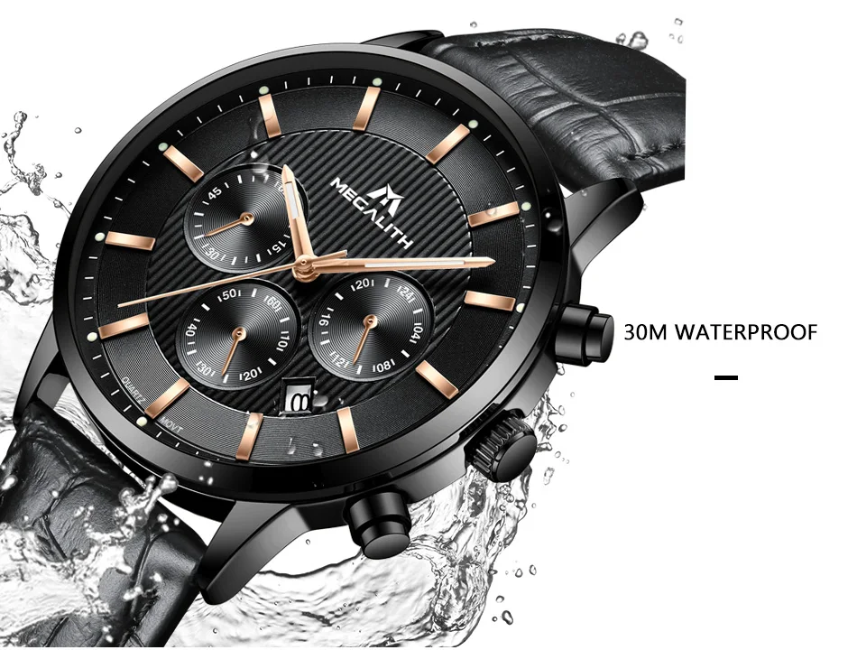 Роскошные деловые часы MEGALITH, мужские водонепроницаемые наручные часы с хронографом, мужские кварцевые часы из натуральной кожи, мужские часы Montre Homme