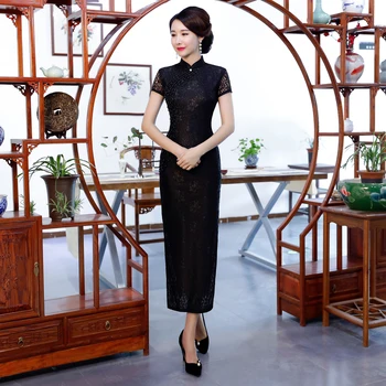 

2018 Red Long Cheongsam Vintage Chinese style Mandarin Collar Dress Womens Summer Lace Qipao Slim Party Dresses Vestido S-3XL