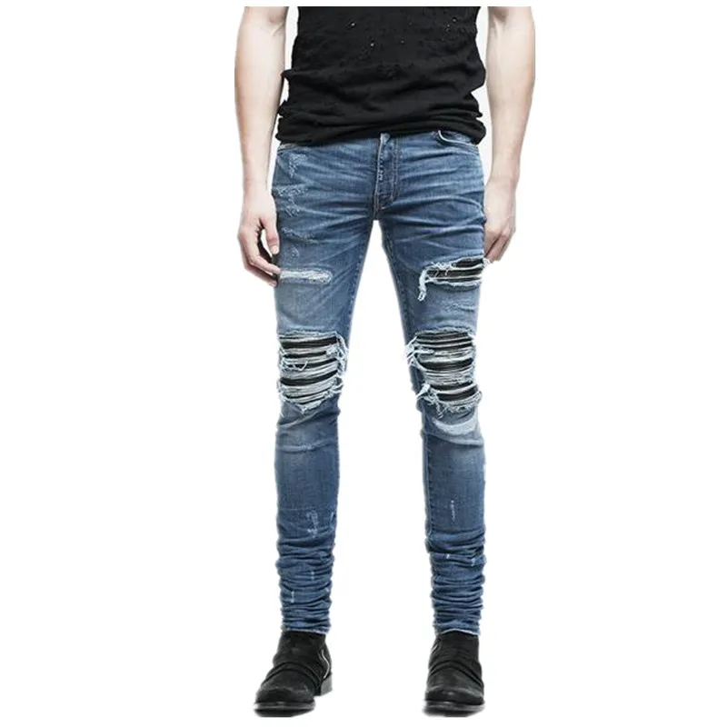 

New Dropshipping Men Jeans Ripped Stretch Hole Distressed Mens Biker Pleated Skinny Jeans Streetwear Hip Hop Jogger Pants